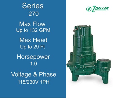 Zoeller Sewage Pumps, 270 Series, 1.0 Horsepower, 115/230 Volts 1 Phase